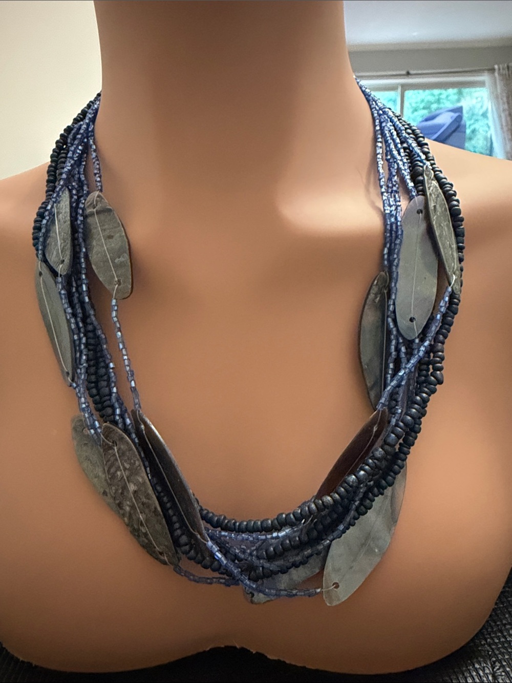 Source Unknown Blue Multi-Strand Beaded Necklace with Leaf Pendants